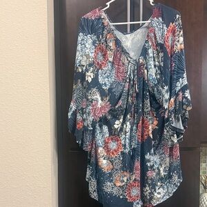 Floral Print Women's Top - Blue and Red